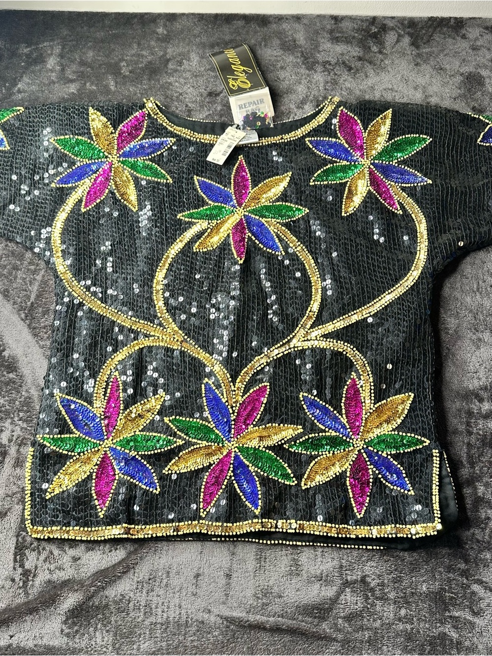 Embellished Sequin Top with Multicolor Floral Design Small